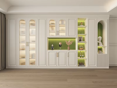Modern White Sideboard With Glass Doors Lighting And Decorative Display Shelves 3d model