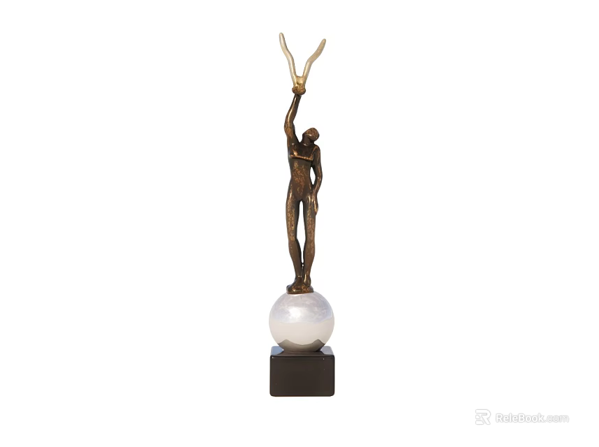 Bronze Human Sculpture With Raised Arms Holding Antler Objects On White Orb Black Base 3d model 