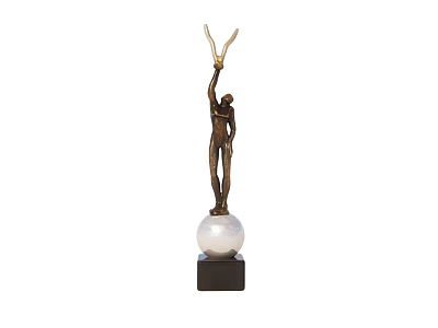 Bronze Human Sculpture With Raised Arms Holding Antler Objects On White Orb Black Base 3d model