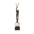 Bronze Human Sculpture With Raised Arms Holding Antler Objects On White Orb Black Base