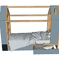 Kids House Shaped Wooden Bed with Gray Blue Frame Built in Shelves Drawers and Soft Bedding