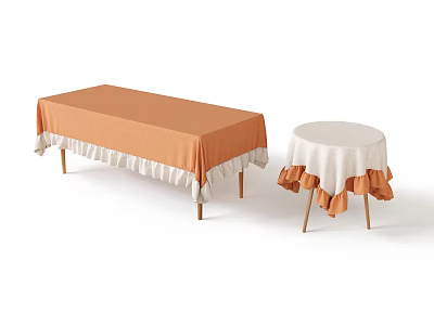 Long Rectangular And Round Small Dining Tables With Orange And White Ruffled Fabric Tablecloths 3d model