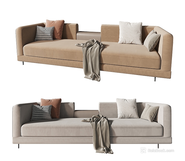 Modern Sectional Sofa In Neutral Tones With Plush Pillows And Soft Throw Blanket 3d model 