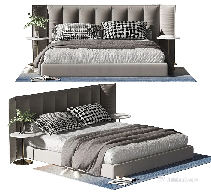 Modern Double Bed Design With Grey Headboard Checkered Pillows And Bedside Tables 3d model