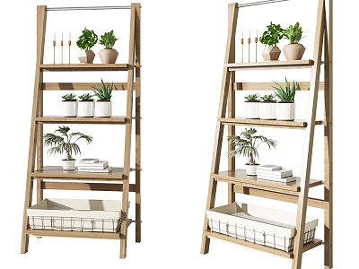 Wooden Ladder Shelves with Potted Plants Decorative Items Books and Basket for Garden Decor 3d model