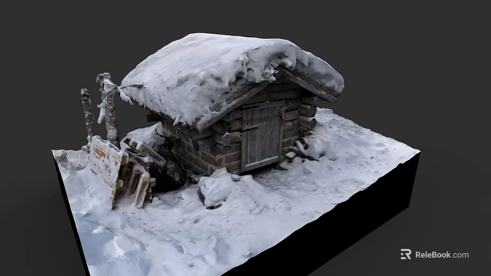 Snow Covered Detached Cabin With Snowy Roof And Wooden Fence In Winter Scene 3d model 