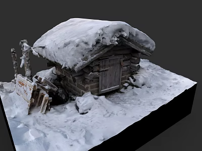 Snow Covered Detached Cabin With Snowy Roof And Wooden Fence In Winter Scene 3d model