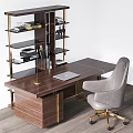 Gray Upholstered Accent Chair In Modern Luxury Office With Wooden Desk And Brass Bookshelf
