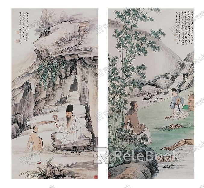 Chinese figure painting, mountain stone, figure scene, pattern, double-piece hanging picture combination model