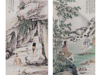 Chinese figure painting, mountain stone, figure scene, pattern, double-piece hanging picture combination model