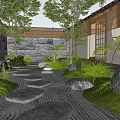 Serene Japanese Dry Landscape Garden With Raked Gravel Smooth Stones Lush Moss And Trees