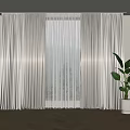Beige Vertical Striped Curtains With Sheer Layer And Green Plant On Wooden Floor