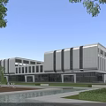 Modern Office Building Exterior Design With White Facade Black Stripes Landscaping Water Pool And Chairs