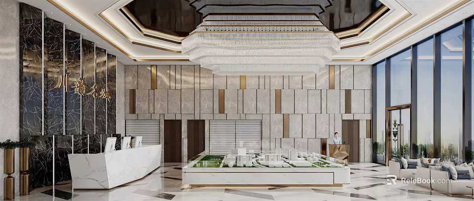 Luxurious Modern Sales Office Interior With Showcase Model And Crystal Chandelier 3d model 