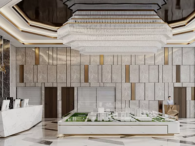 Luxurious Modern Sales Office Interior With Showcase Model And Crystal Chandelier 3d model