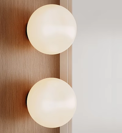 White Spherical Wall Lamps Mounted on Wooden Background Wall with Light Colored Wall Beside 3d model
