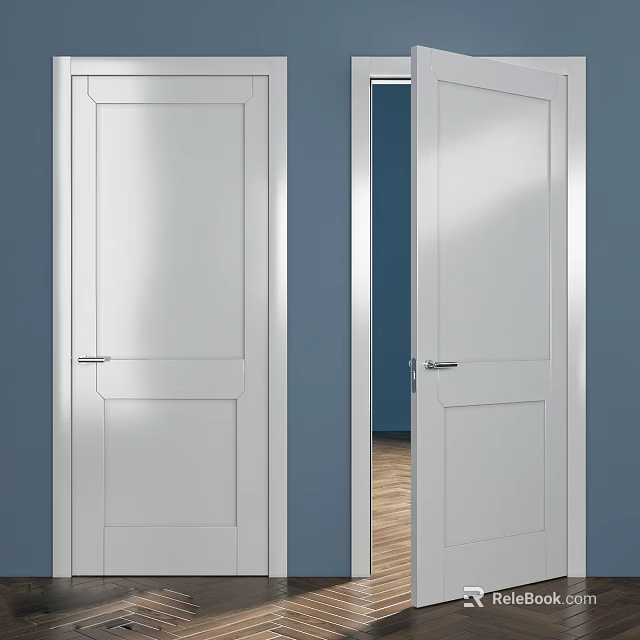 White Hinged Door With Blue Wall Frame And Open Wooden Floor View 3d model