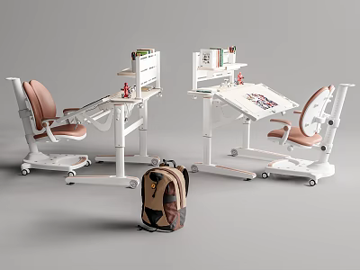 Adjustable Kids Study Desk With Storage Shelves Comfortable Chair And Backpack 3d model