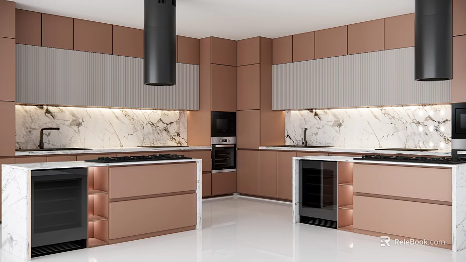Modern Kitchen Interior Design With Brown Cabinets Marble Countertops And Black Range Hood 3d model 