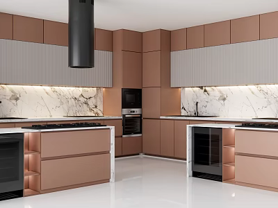 Modern Kitchen Interior Design With Brown Cabinets Marble Countertops And Black Range Hood 3d model