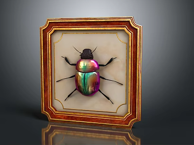 Metallic Beetle With Iridescent Green And Purple Shell In Gold Framed Display On Light Background 3d model