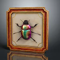 Metallic Beetle With Iridescent Green And Purple Shell In Gold Framed Display On Light Background