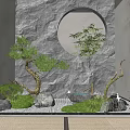 Japanese Garden Rock Scenic Wall with Circular Opening Pine Tree Moss Rocks and Stone Lantern