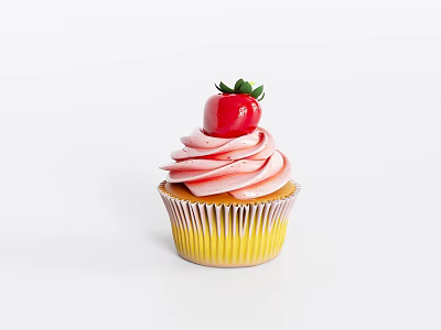 Delicious Pink Frosted Cupcake With Fresh Strawberry On Top And Yellow Paper Liner 3d model