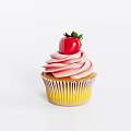 Delicious Pink Frosted Cupcake With Fresh Strawberry On Top And Yellow Paper Liner