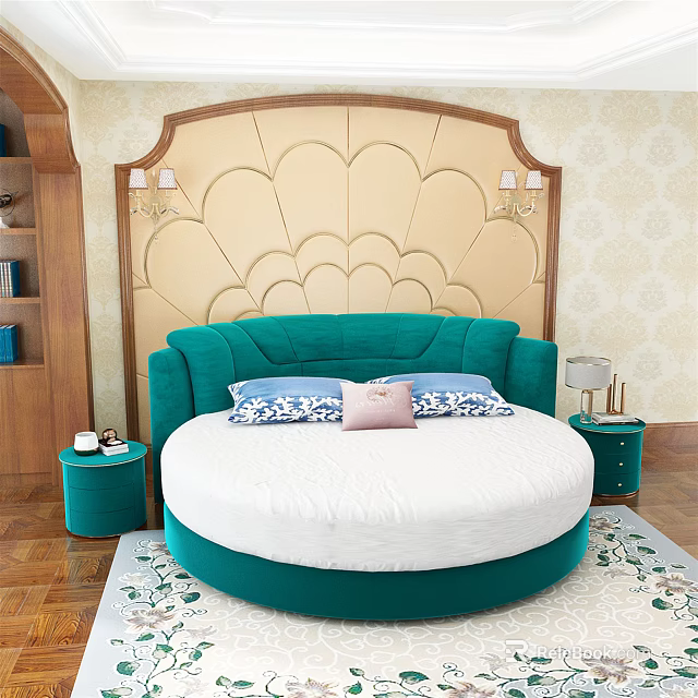 Teal Green Velvet Round Bed With Gold Decorative Headboard And Floral Rug 3d model 