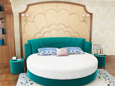 Teal Green Velvet Round Bed With Gold Decorative Headboard And Floral Rug 3d model