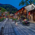Bustling Traditional Commercial Street With Ancient Buildings Red Lanterns Stone Path And Pedestrians