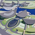 Modern Architectural Complex With Unique Roof Design And Waterfront Green Scenic Areas