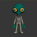 Green Alien Cartoon Character With Big Yellow Eyes And White Space Suit