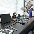 Modern Laptop Workstation With Headphones Smartphone Tablet Mug Pen And Notebook