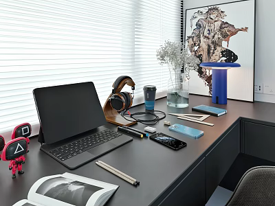 Modern Laptop Workstation With Headphones Smartphone Tablet Mug Pen And Notebook 3d model