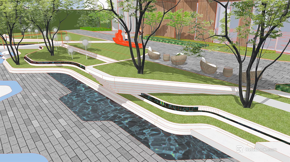 Modern Garden Landscape With Curved Water Feature Lawn Trees Paved Walkway And Stone Seating 3d model 