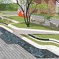 Modern Garden Landscape With Curved Water Feature Lawn Trees Paved Walkway And Stone Seating