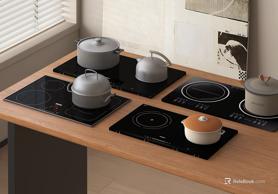 Modern Kitchen Appliances With Induction Cooktops And Various Colored Pots On Wooden Countertop 3d model 