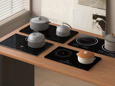 Modern Kitchen Appliances With Induction Cooktops And Various Colored Pots On Wooden Countertop 3d model