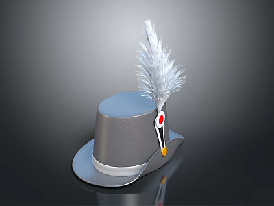 Stylish Gray Top Hat With White Feather Trim And Decorative Accents 3d model