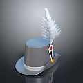 Stylish Gray Top Hat With White Feather Trim And Decorative Accents