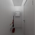 Compact Industrial Equipment Setup in Narrow Space with Sink Mirror Refrigerator and Checkerboard Floor Tiles