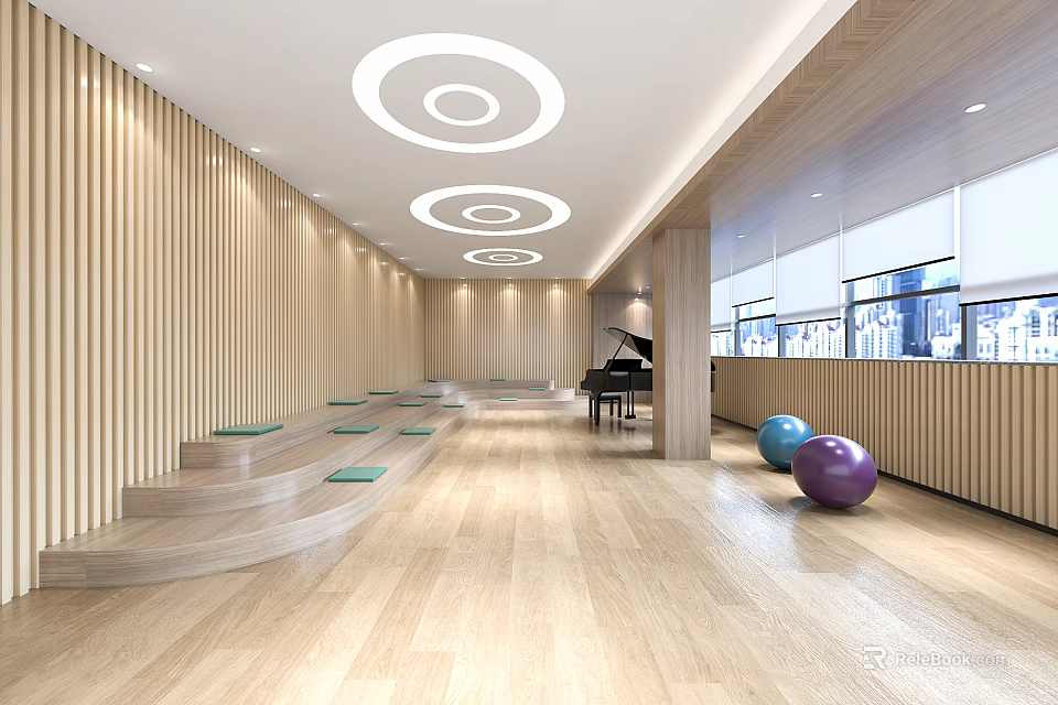 Modern Art Space Interior With Wooden Walls Circular Ceiling Lights Piano And Exercise Balls 3d model 