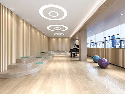 Modern Art Space Interior With Wooden Walls Circular Ceiling Lights Piano And Exercise Balls 3d model