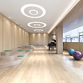Modern Art Space Interior With Wooden Walls Circular Ceiling Lights Piano And Exercise Balls