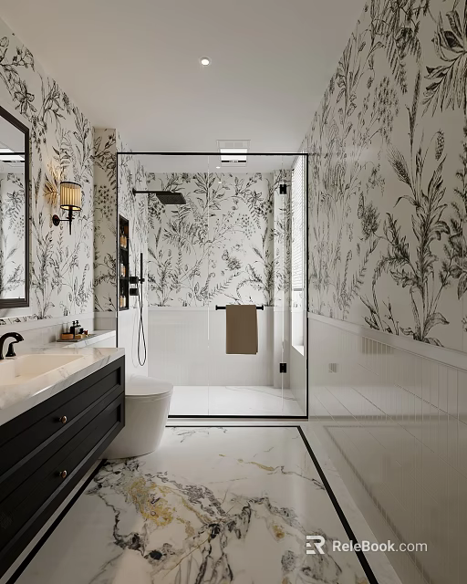 Modern Bathroom With Black White Floral Wallpaper Glass Shower Dark Vanity White Toilet Marble Flooring 3d model 