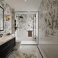 Modern Bathroom With Black White Floral Wallpaper Glass Shower Dark Vanity White Toilet Marble Flooring