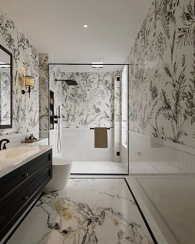 Modern Bathroom With Black White Floral Wallpaper Glass Shower Dark Vanity White Toilet Marble Flooring 3d model