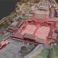 Cartoon Scene of Ancient Palace Buildings With Red Roofs Courtyard Square and Green Vegetation